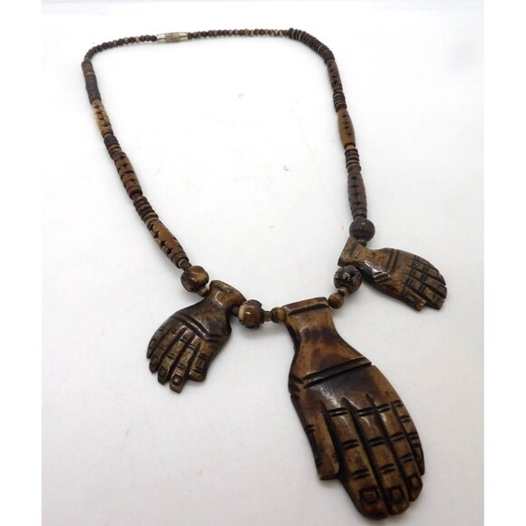 African Hand Carved Wood Necklace and Earing Set, Hands New - Picture 3 of 5
